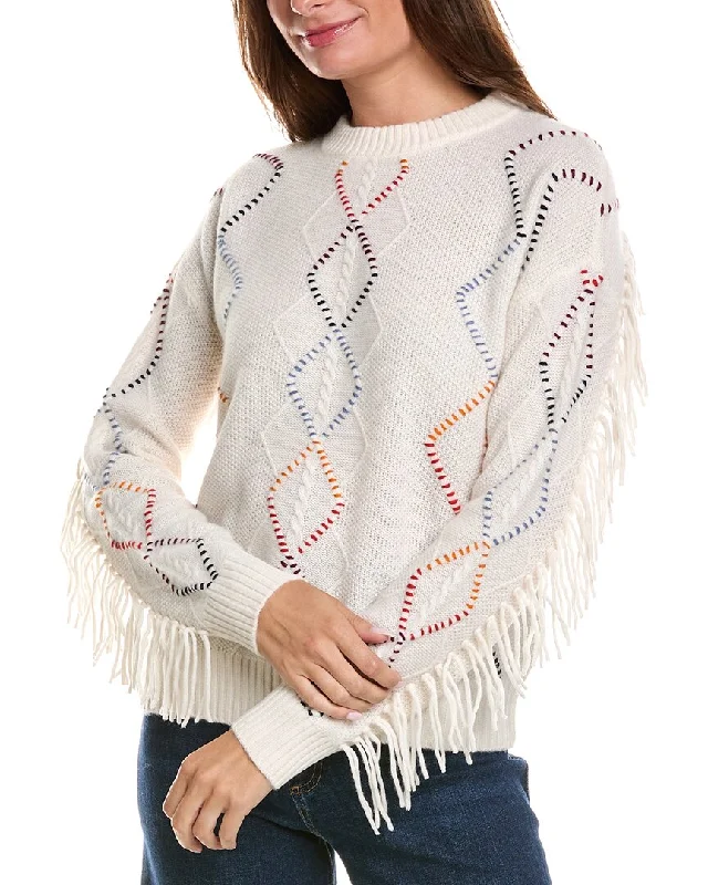 Minnie Rose Cable Corded Detail Fringe Cashmere Pullover