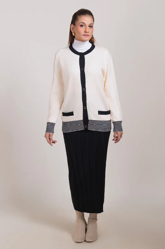 Printed Scarves WHITE-ROUND NECK FULL SLEEVES CARDIGAN SWEATER (24X-031-66)