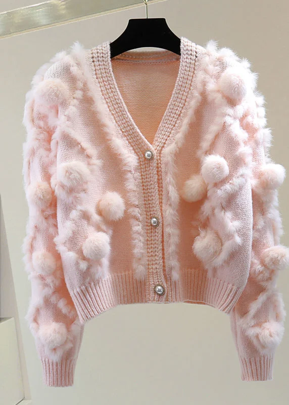 Pink Fuzzy Ball Decorated Cotton Knitted Sweater Long Sleeve