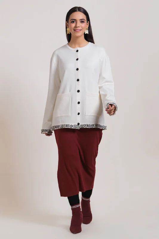 Comfortable Wearables CREAM-ROUND NECK FULL SLEEVES CARDIGAN SWEATER (24X-035-66)
