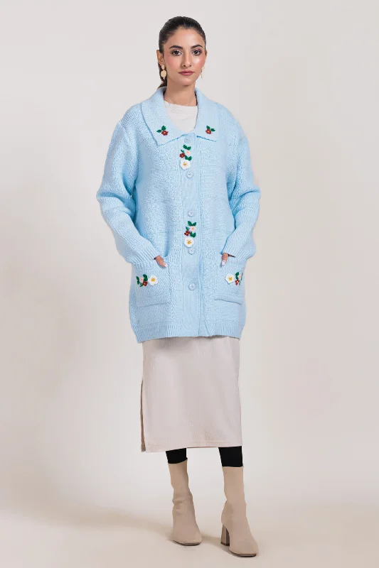 Flexible Wear SKY-BLUE-WING COLLAR FULL SLEEVES CARDIGAN SWEATER (24X-092-66)