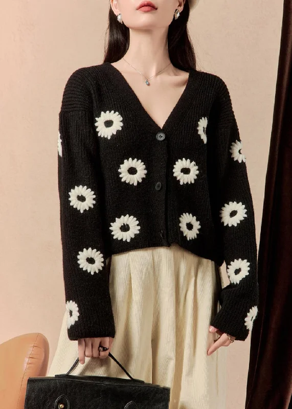 Women Black V Neck Button Floral Knit Sweaters Winter