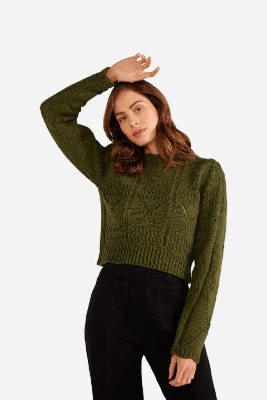 Preppy Style MINKPINK Sally Pointelle Knit Jumper Forest Green