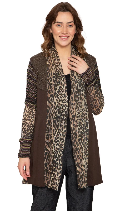 Simple Outfits Women's Open Front Leopard Printed Mixed Media Cardigan