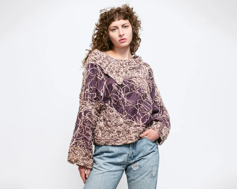 Outdoor Wear Large 90s Purple Abstract Textural Knit Sweater