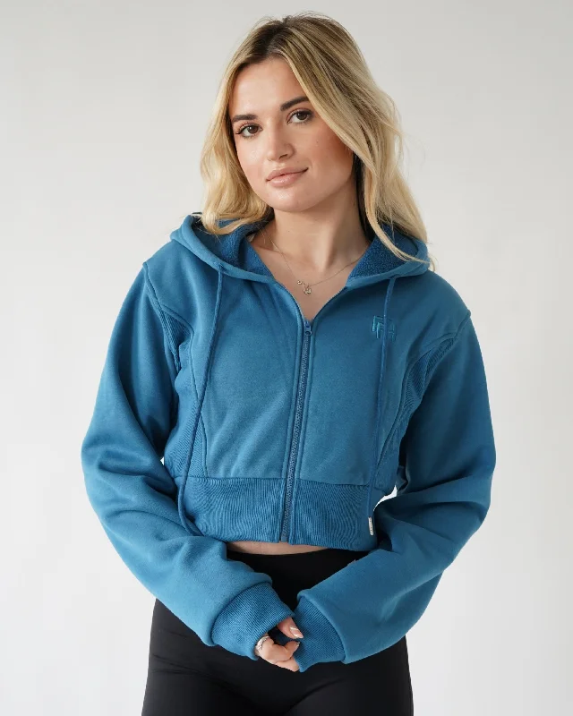 Urban Comfort Wear Lounge Cropped Zip-Up Hoodie - Cyan