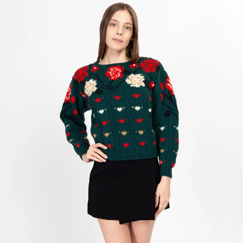 Casual Wear Small 90s Flowers & Hearts Shetland Wool Sweater