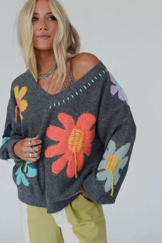 Casual Denim Good Mood Flower Print Sweater - Charcoal