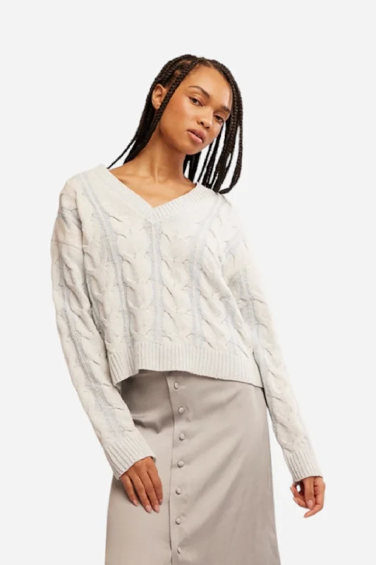 Relaxed Shirts Free People Washed Cable V Neck in Pale Blue