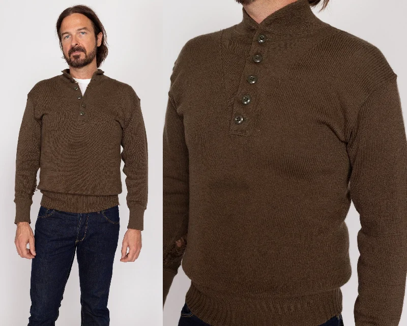 Winter Accessories Large 70s Olive Wool Distressed Military Henley Sweater