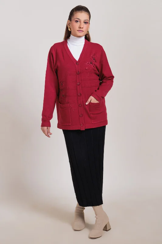 Trendy Apparel E-RED-V-NECK FULL SLEEVES CARDIGAN SWEATER (24X-044-66)