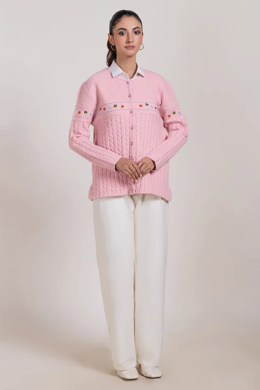 Warm Jackets PINK-ROUND NECK FULL SLEEVES CARDIGAN SWEATER (24X-041-66)