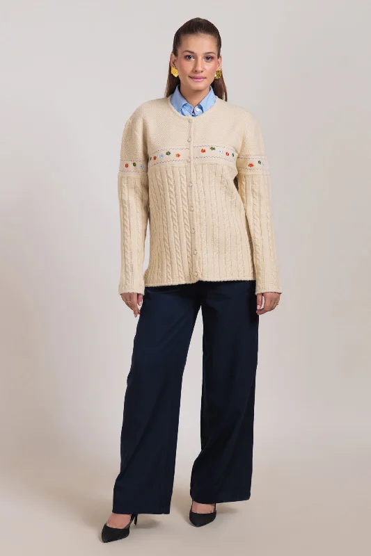 Casual Cardigans BEIGE-ROUND NECK FULL SLEEVES CARDIGAN SWEATER (24X-041-66)