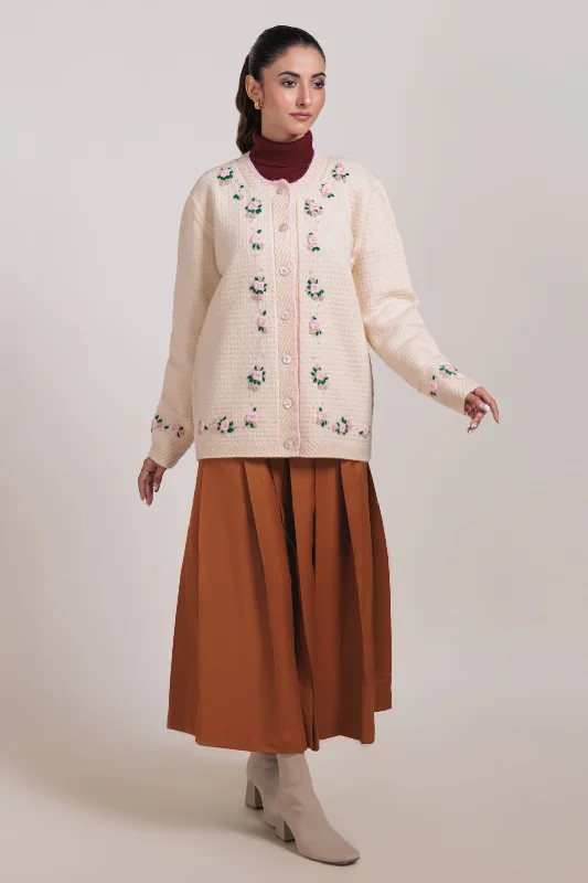 Athleisure Wear CREAM-ROUND NECK FULL SLEEVES CARDIGAN SWEATER (24X-038-66)
