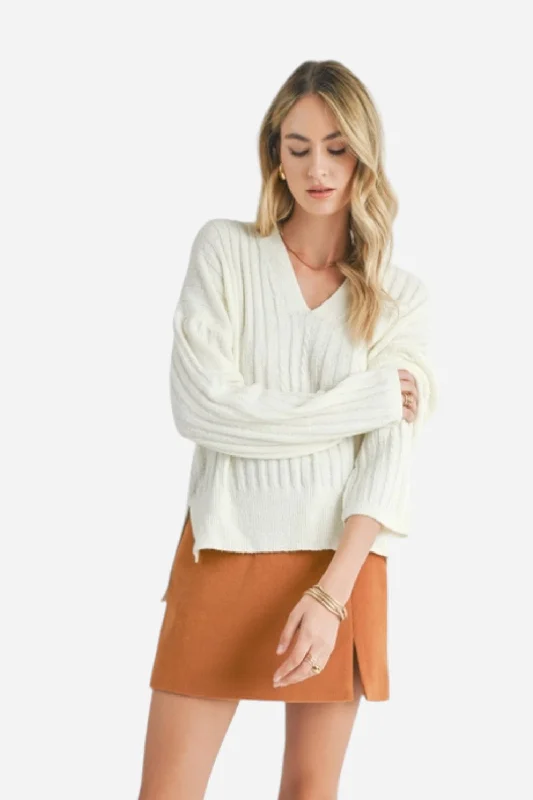 Effortless Comfort Sage the Label Carli V Neck Pullover Off White