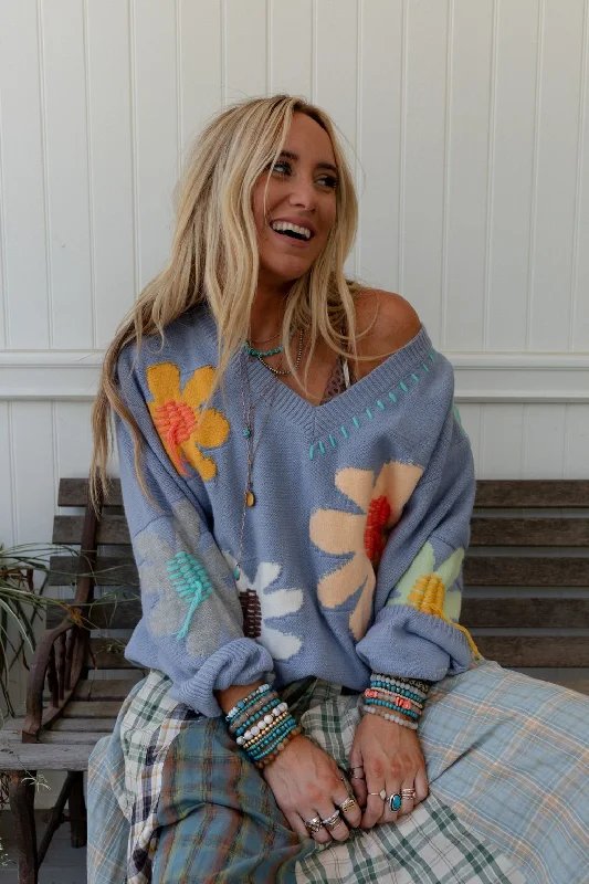 Comfy Styles Good Mood Flower Print Sweater - Blue
