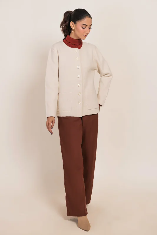 Suede Jackets CREAM-ROUND NECK FULL SLEEVES CARDIGAN SWEATER (24X-054-66)