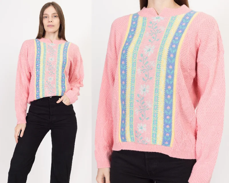 Layered Jackets Small 80s Pink Striped Cable Knit Sweater