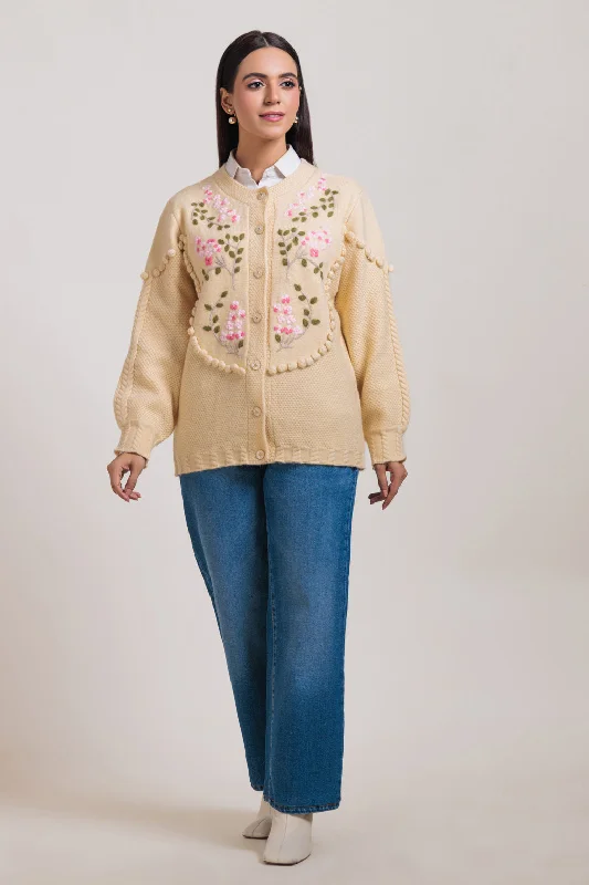 Street Casual CREAM-ROUND NECK FULL SLEEVES CARDIGAN SWEATER (24X-037-66)