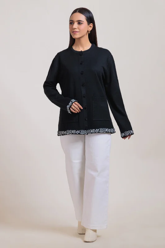 Casual Sweaters BLACK-ROUND NECK FULL SLEEVES CARDIGAN SWEATER (24X-035-66)