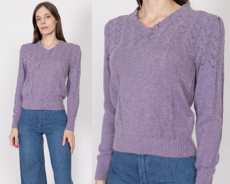 Smart Casual Wear Medium 70s Purple Eyelet Knit Sweater