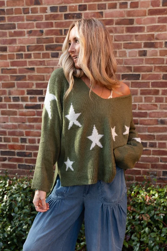 Bright Shirts Shining Nights Starry V Neck Sweater - Green