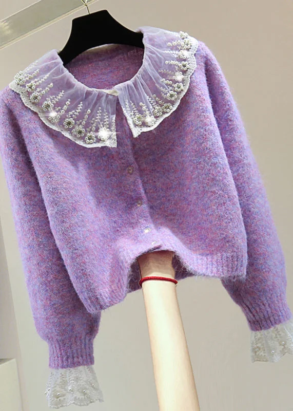 Art Purple Embroidered Patchwork Zircon Thick Cotton Knit Sweater