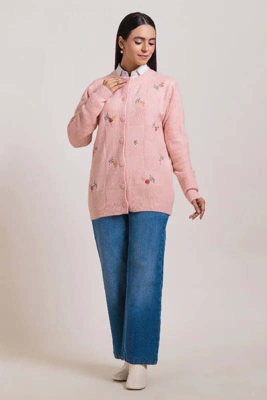 Soft Layers PINK-ROUND NECK FULL SLEEVES CARDIGAN SWEATER (24X-032-66)