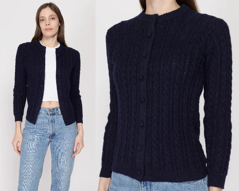 Stylish Sneakers XS 70s Navy Blue Cable Knit Cardigan
