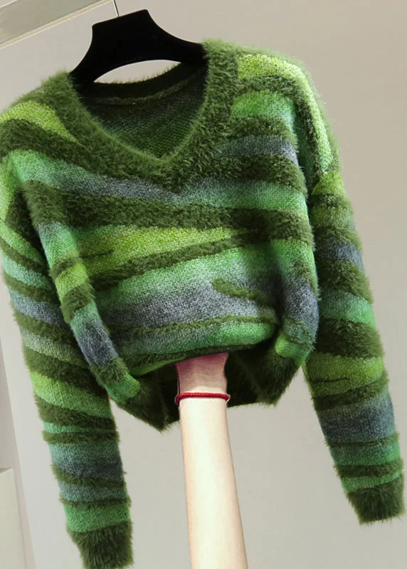 Chic Green V Neck Thick Striped Cotton Knit Sweater Winter