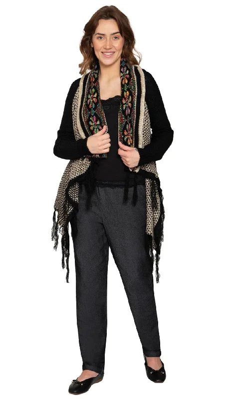 Street-Friendly Wear Women's Fringed Jacquard Weave Open Front Long Cardigan