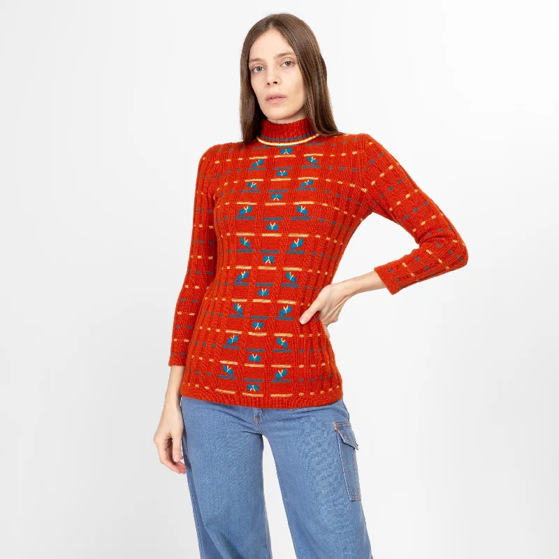 Techwear Fashion XS 70s Burnt Orange Woven Butterfly Turtleneck Sweater