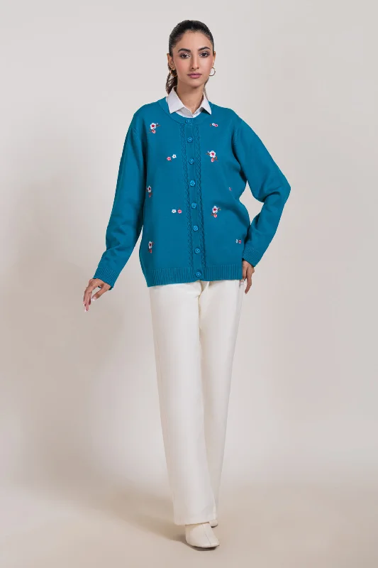 High-neck Sweaters TEAL-ROUND NECK FULL SLEEVES CARDIGAN SWEATER (24X-040-66)