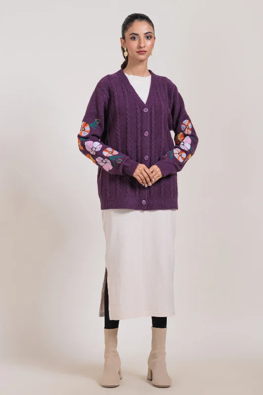 Leather Gloves D-PURPLE-FULL SLEEVES CARDIGAN SWEATER (24X-091-66)