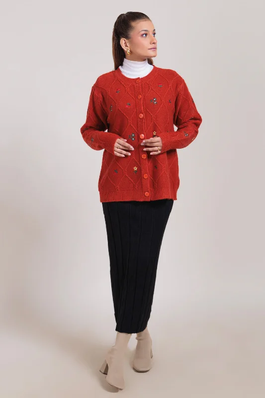 Casual Essentials RED-WOOD-ROUND NECK FULL SLEEVES CARDIGAN SWEATER (24X-033-66)