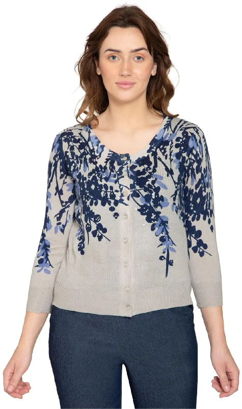 Classic Pieces Women's ¾ Sleeve Knit Printed And Embellished Cardigan Sweater