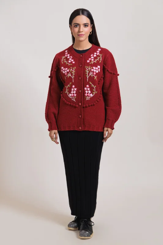 Casual Shirts MAROON-ROUND NECK FULL SLEEVES CARDIGAN SWEATER (24X-037-66)
