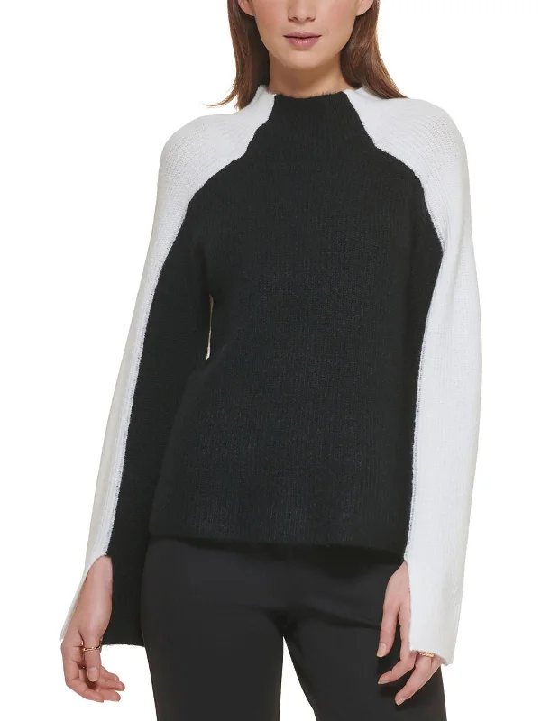 Womens Colorblock Mock Neck Pullover Sweater