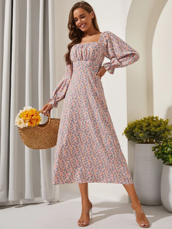 Casual Trends Ditsy Floral Ruched Bust Long Sleeve Square Neck Flared High Waist Long Dress