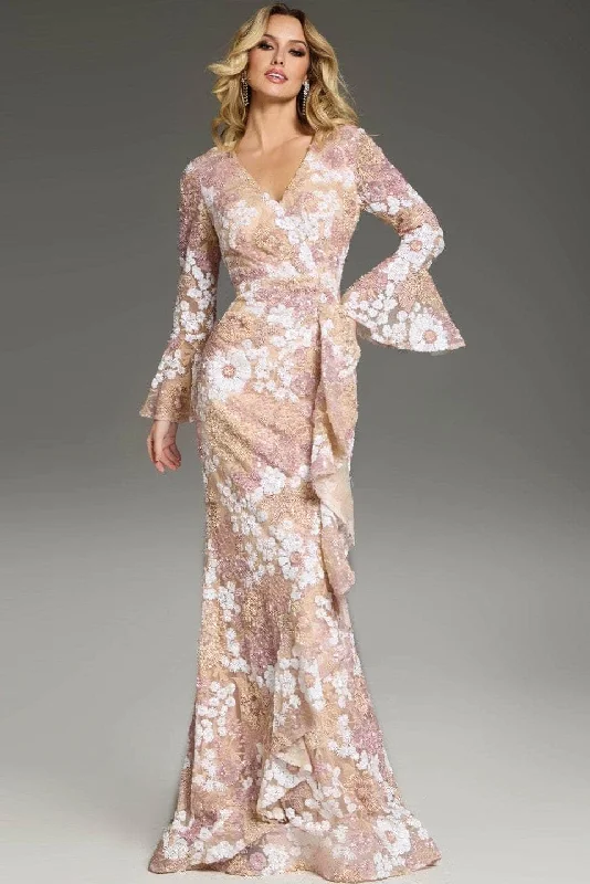 Trendy Apparel Jovani 39118 - Flared Sleeves Floral Embroidered Prom Gown