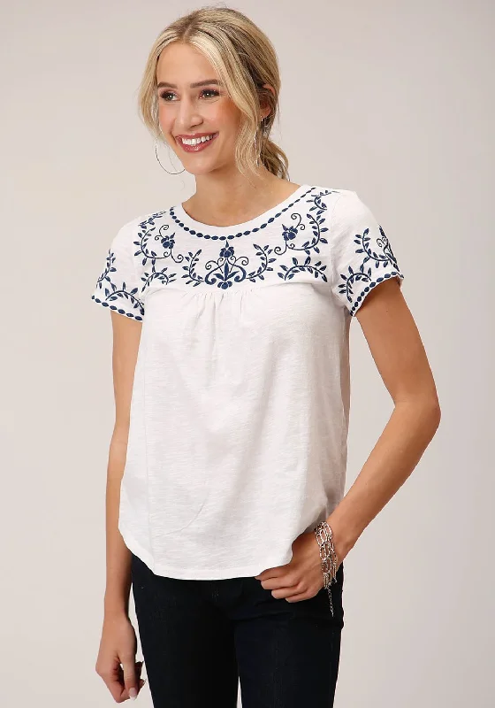 Sports Pants Roper Womens Cute Embroidery White 100% Cotton S/S Blouse