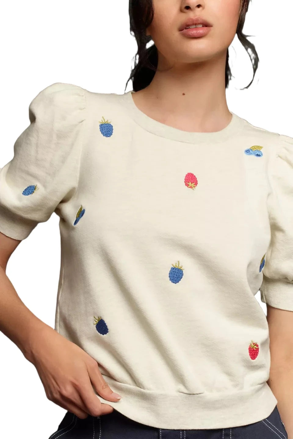 Casual Hoodies TLA Puff Sleeves Tee Shirt French Terry Beige with Berries