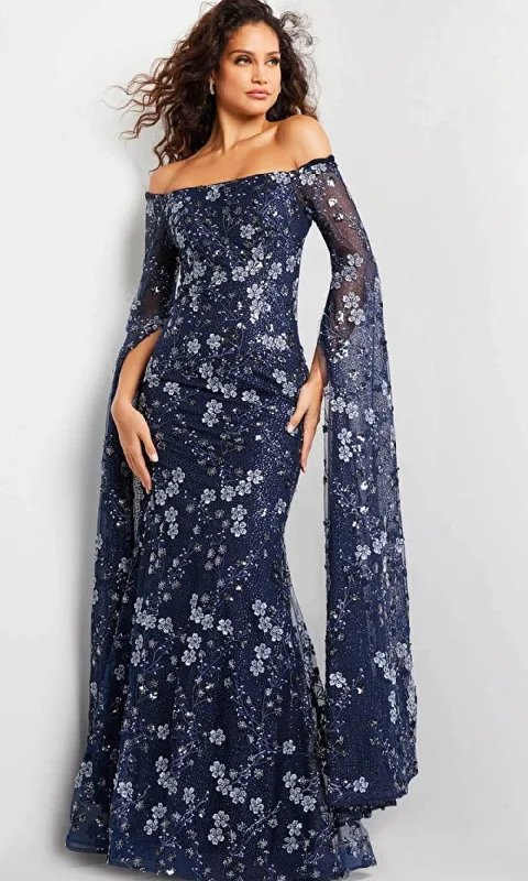 Sporty Chic Jovani 26330 - Floral Embroidered Cape Long Gown