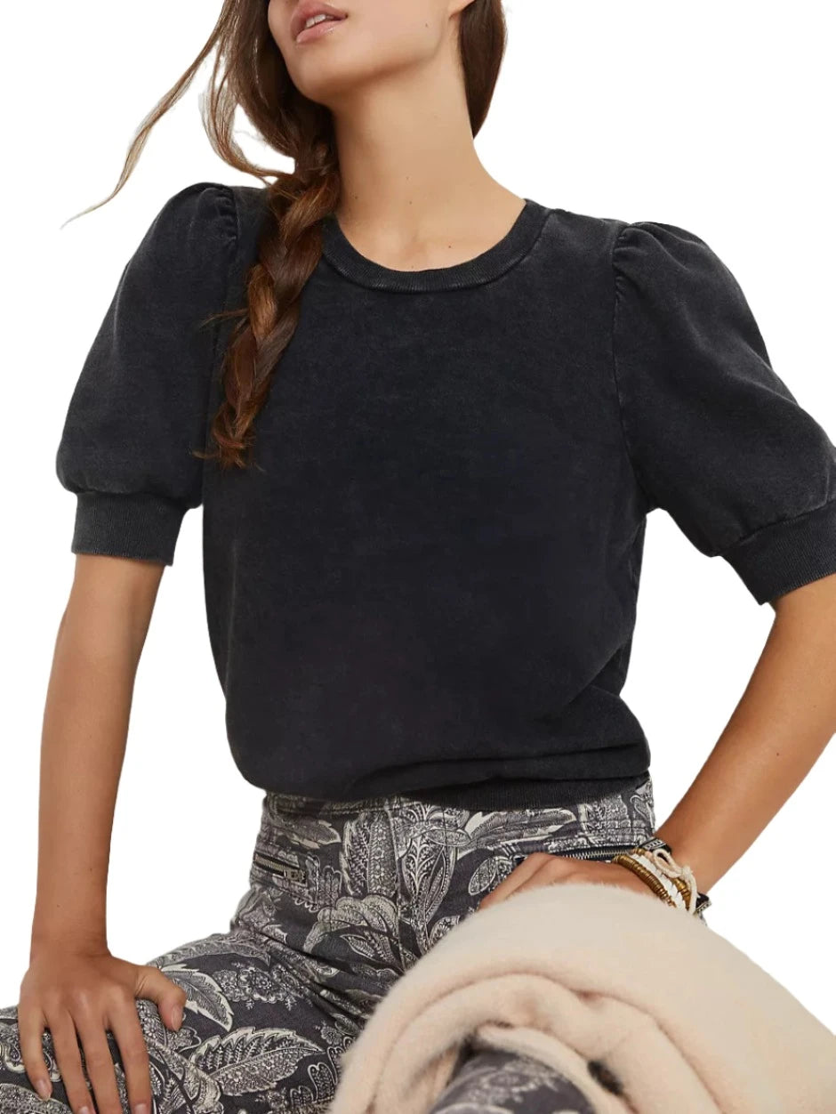 Designer Footwear TLA Puff Sleeves Tee Shirt French Terry Black Mineral Washed