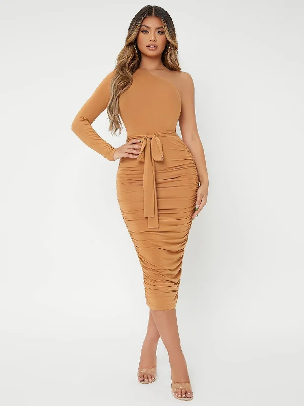 Everyday Wear Plain Belted Long Sleeve One Shoulder Pencil High Waist Long Dress