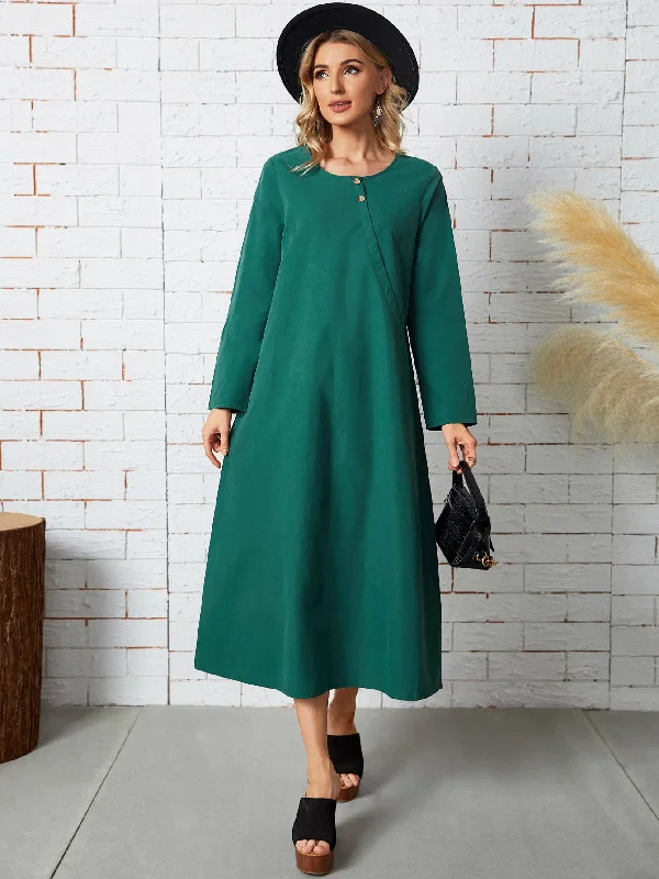 Relaxed Pants Plain Button Long Sleeve Round Neck Straight Natural Long Dress