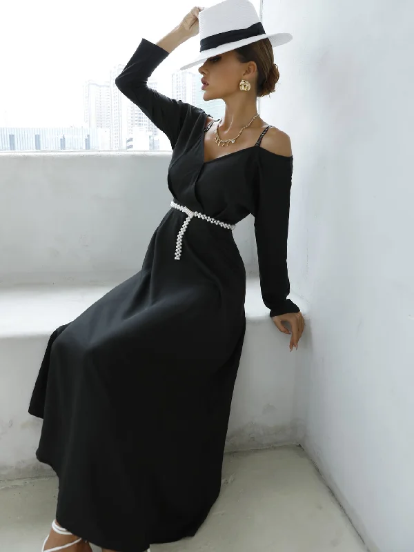 Soft Layers Plain Zipper Long Sleeve Cold Shoulder Flared High Waist Long Dress