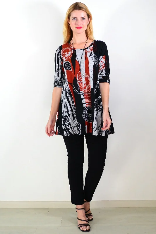 Classic Wear Red Grey Floral Print Fleece Tunic Top