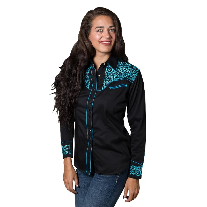 Cool Gear Rockmount Womens Black/Turquoise 100% Cotton Vintage Tooling L/S Shirt