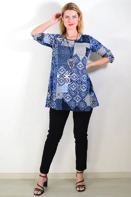 Relaxed Denim Blue Abstract Print Fleece Tunic Top